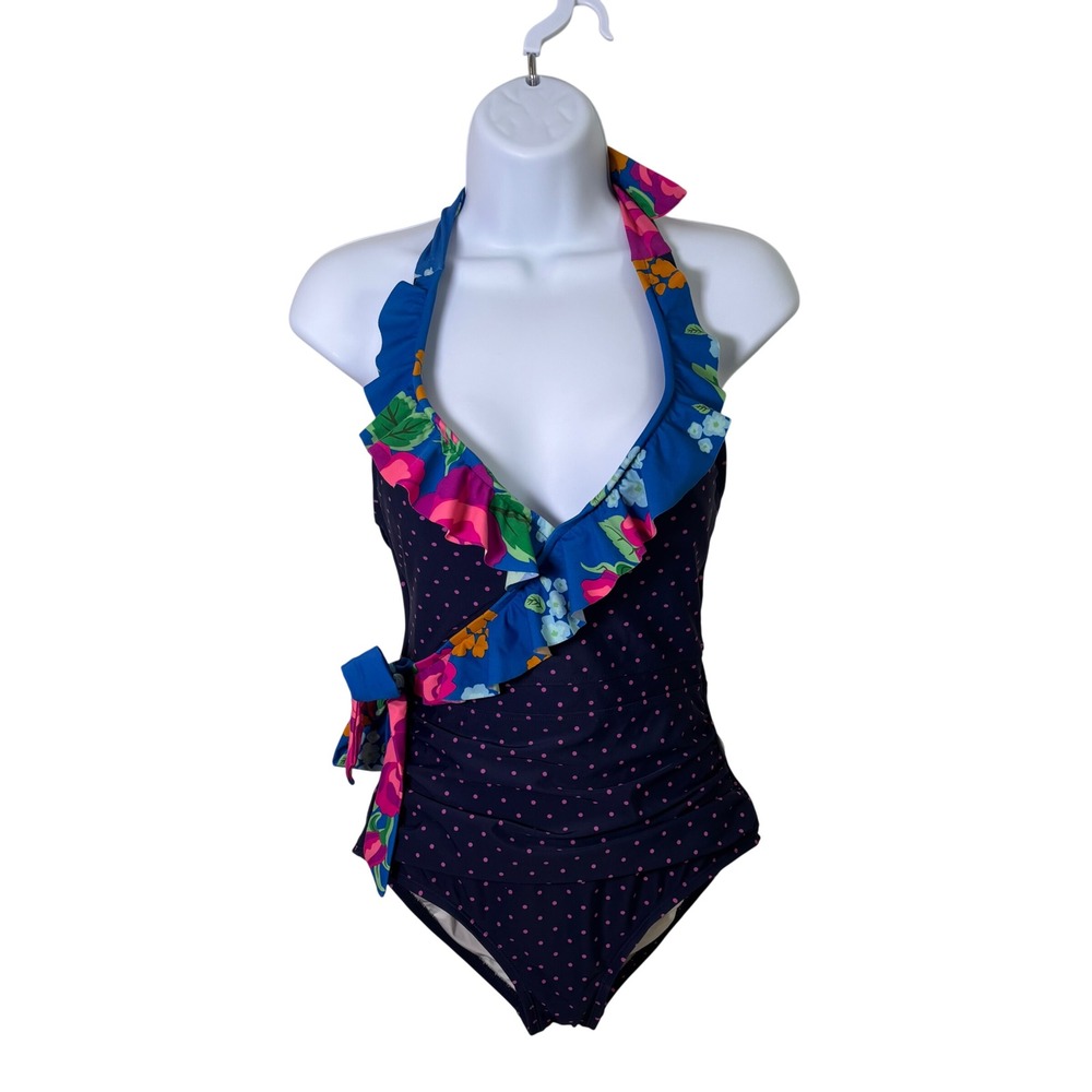 Matilda Jane Womens Swimsuit Sz S Navy Blue Polka Dot One Piece Ruffle